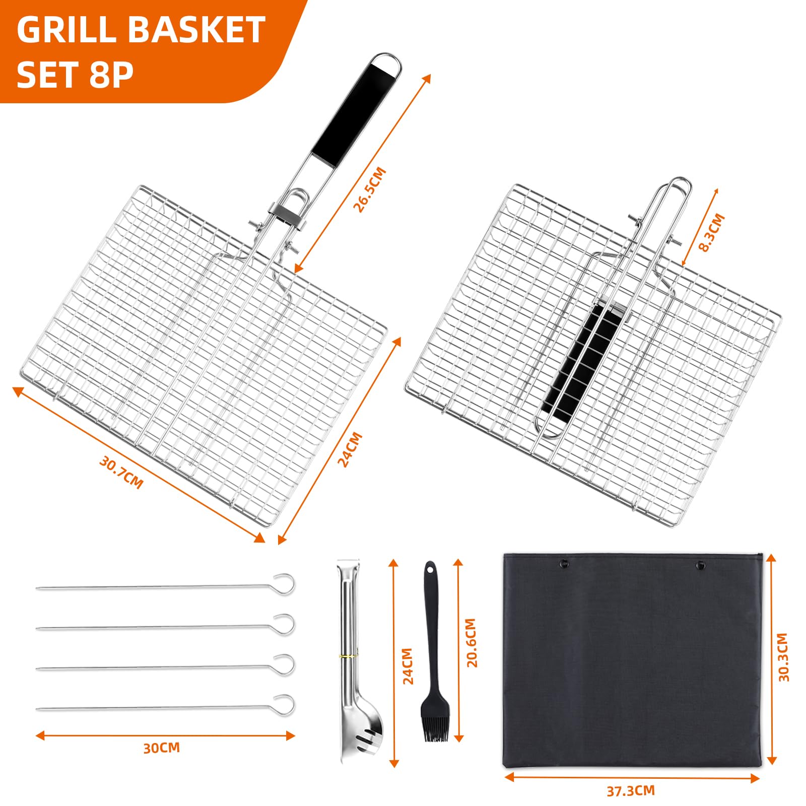 BEWOS Cestino per Grigliate di Pesce, Griglia Barbecue in Acciaio Inox con Borsa e Spazzola, Pieghevole e Portatile, Graticola per Barbecue con Manico Rimovibile per Bistecche di Pesce e Verdure