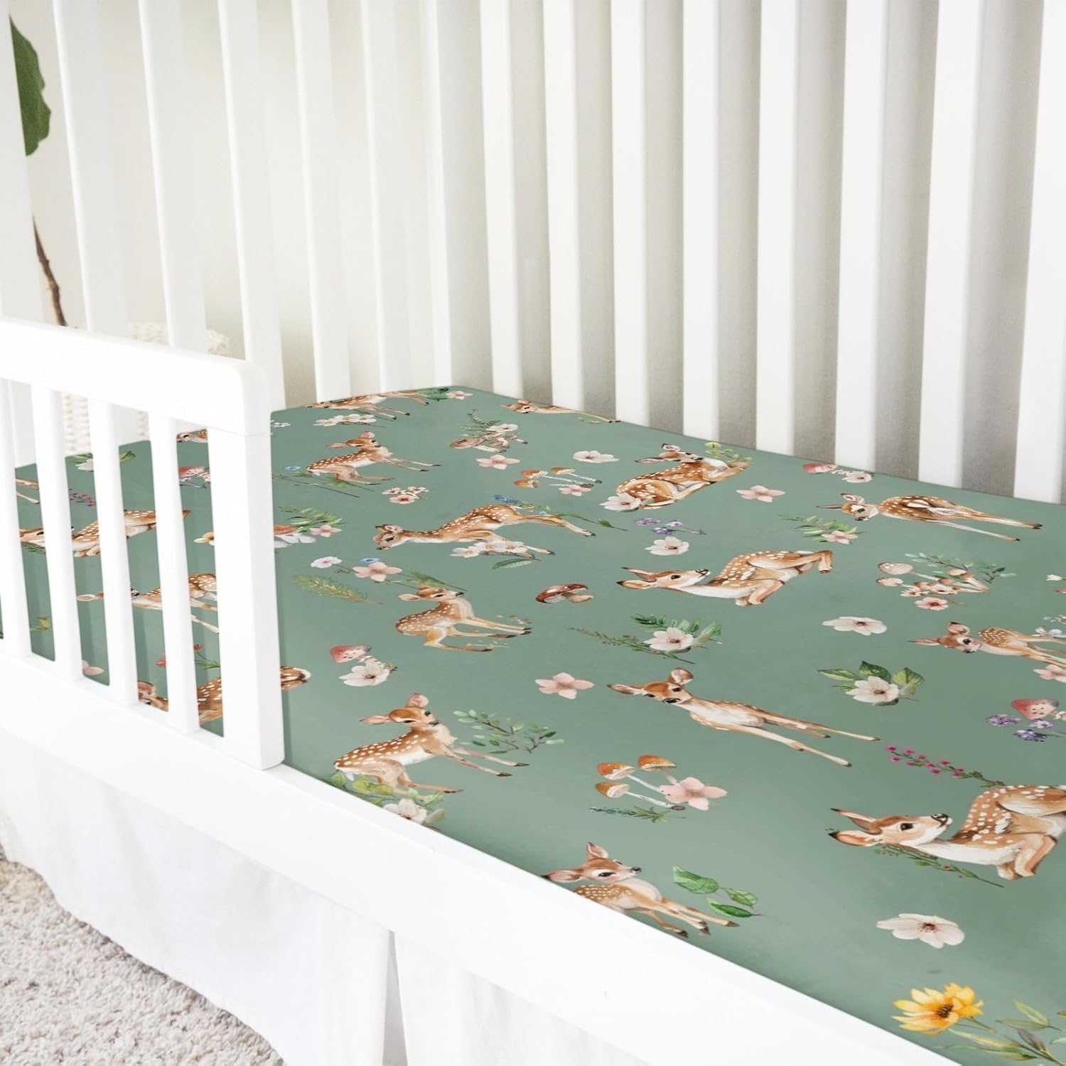 Spring Animal Baby Crib Mattress Sheet 52''x28'' Deer Mushroom Flowers Leaves Forest Stretchy Fitted Crib Mattress Cover for Boy Girl Soft Bed Sheets for Standard Crib and Toddler Mattresses
