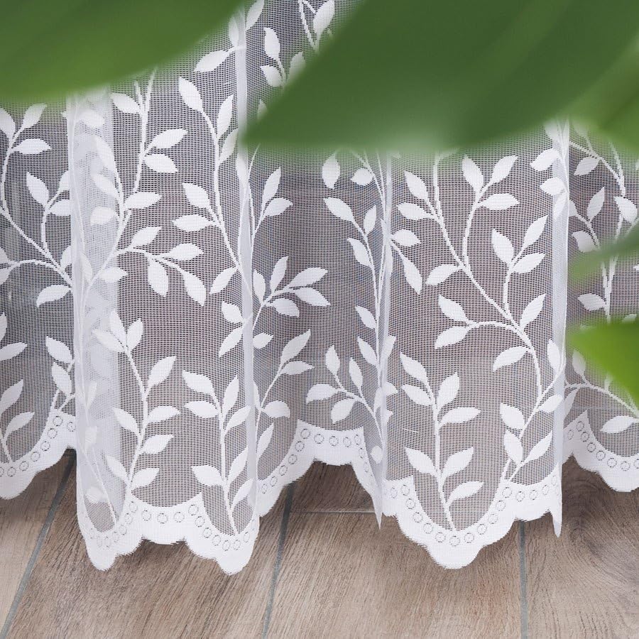 MforStyle White Net Curtain Floral design Leaves - READY TO HANG - HEMMED SIDES - SLOT TOP - MANY SIZES - (selected curtain: 2.5 Metres Width, DROP: 95" (240cm)