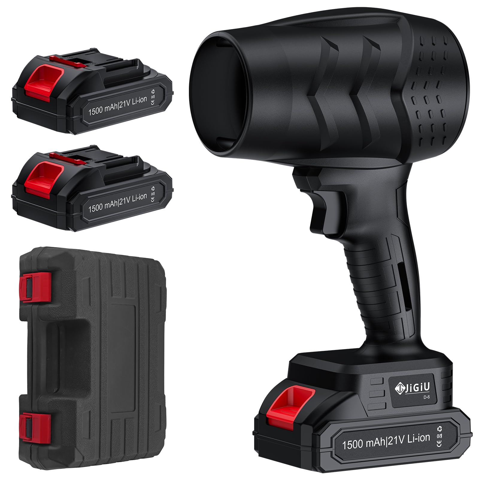 JiGiU Soffiatore di foglie senza fili con batteria, 35000 giri/min, soffiatore d'aria con batteria da 2 x 3,0 Ah, leggero e portatile per giardino, terrazza, auto e polvere