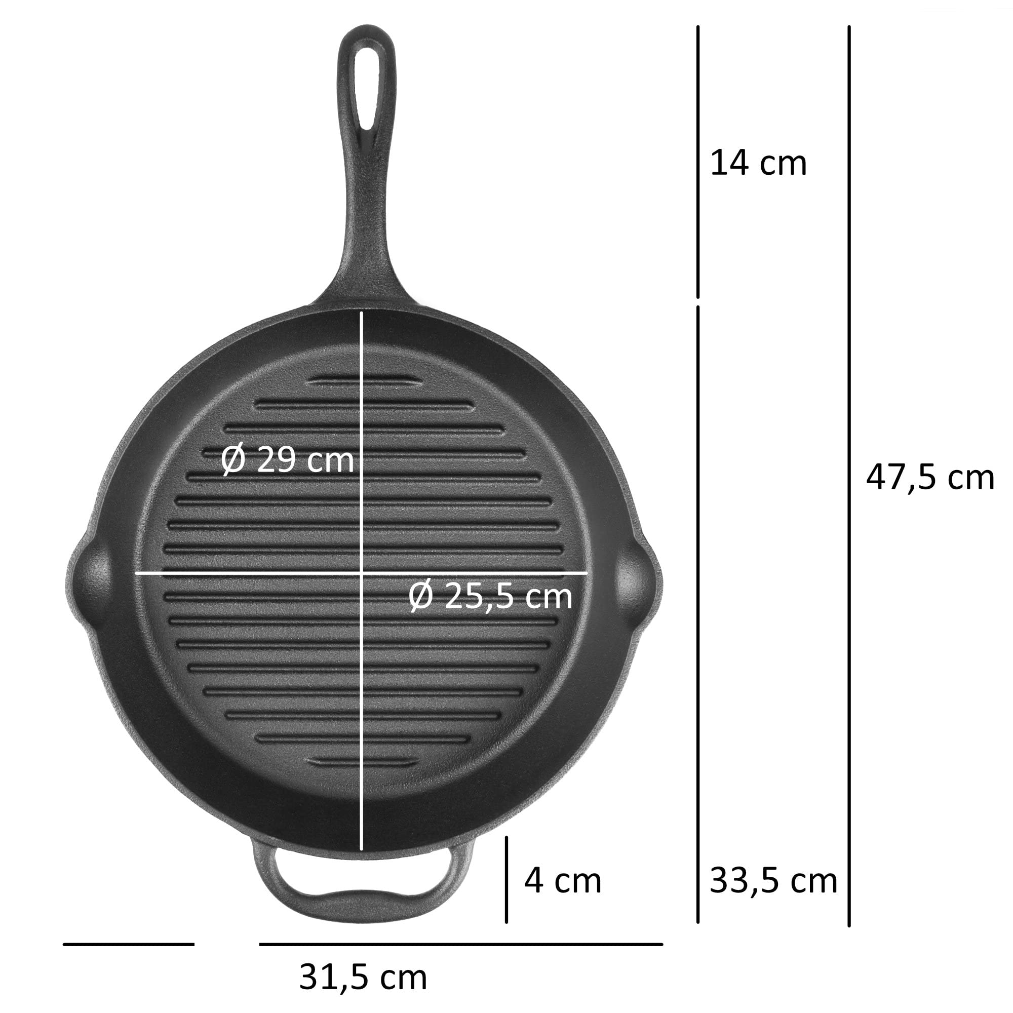 BBQ-TORO Poêle à frire en fonte | Ø 29 cm | Poêle à griller en fonte avec poignée, manche et deux becs verseurs, nervuré | Poêle en fonte, poêle à barbecue, poêle à four, poêle en fonte