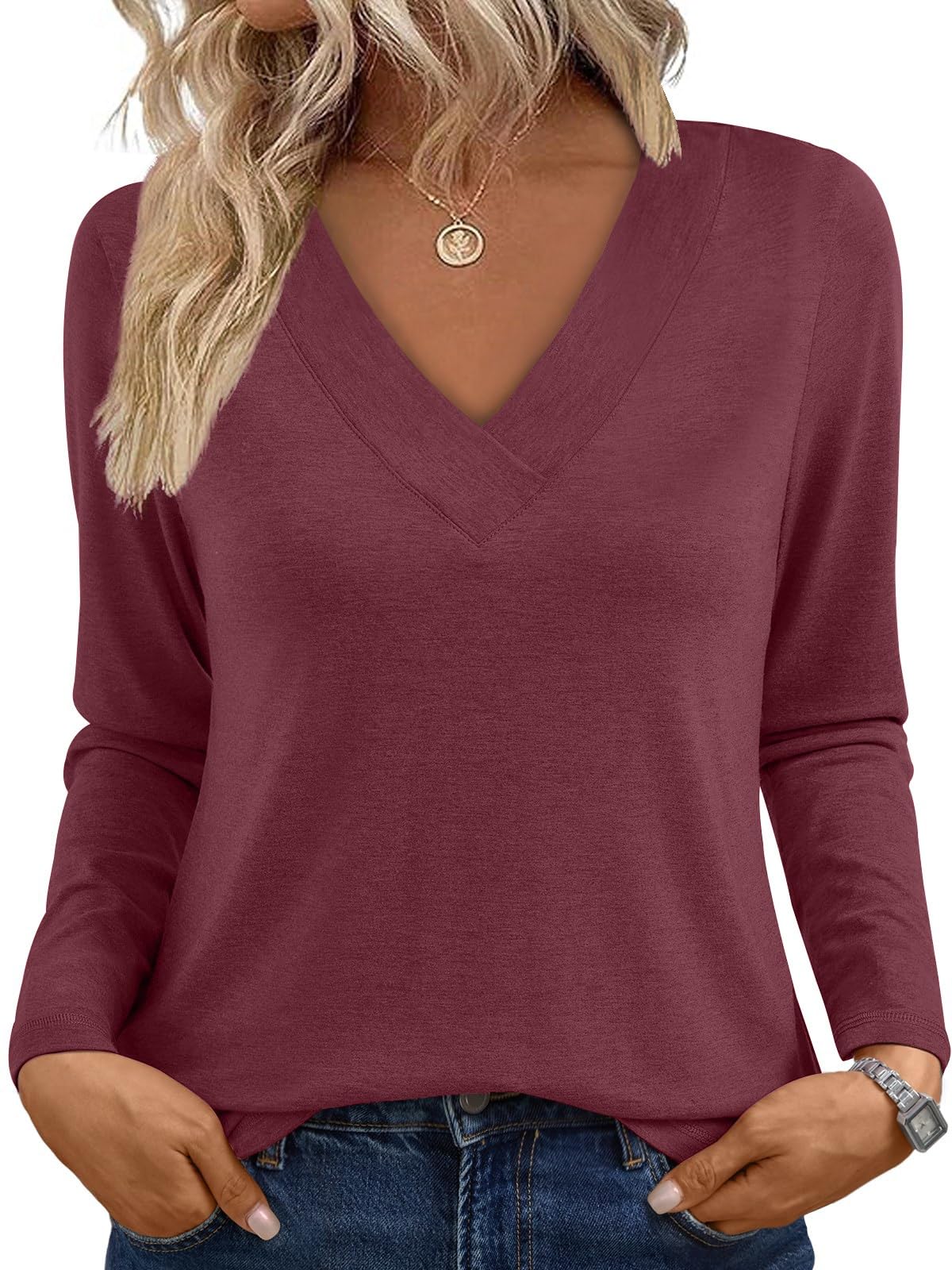 isermeo Long Sleeve Shirts for Women Tops V Neck Casual Fall Shirt Soft Basic Tees Blouse 2025 Trendy Clothes S-XXL