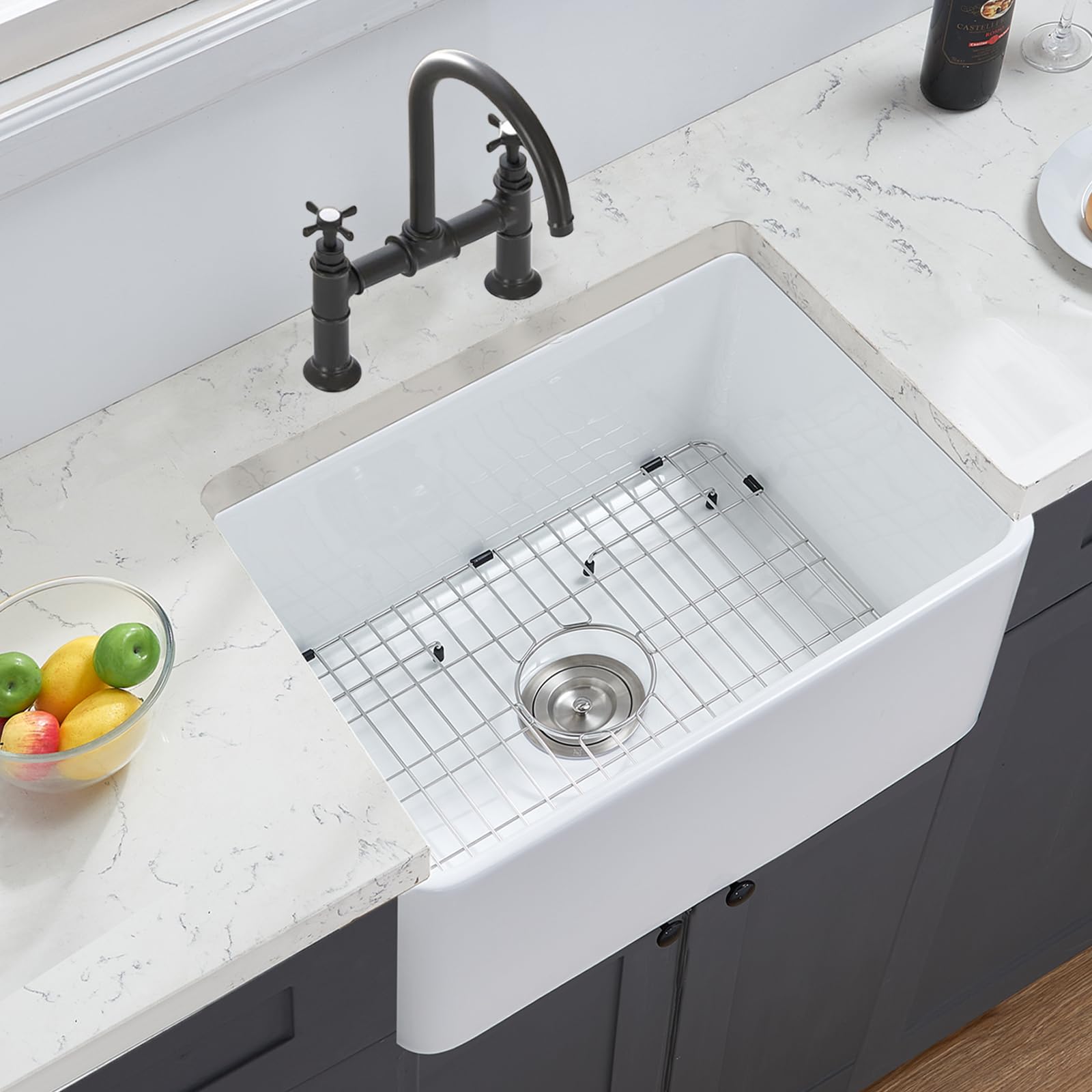 HOTIS 24 Small Fireclay Farmhouse Kitchen Sink, Single Bowl Deep Undermount White Ceramic Farm Sink with Custom Bottom Grid & Strainer Drain