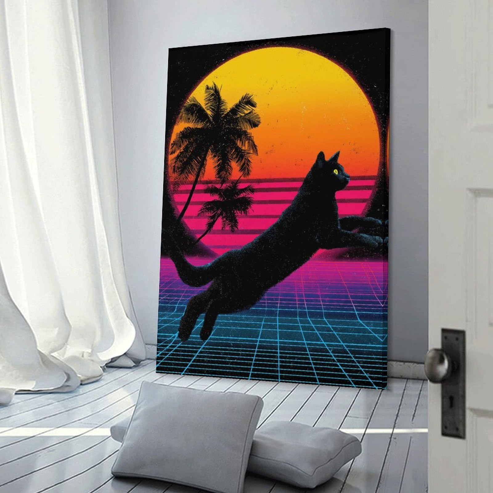 Junmoney Room Decor Wall Art Retro Cat Synthwave, 20x30inch(50x75cm), for Home Office, Desk Area Or Studio, An Interior Accent for Desk Areas