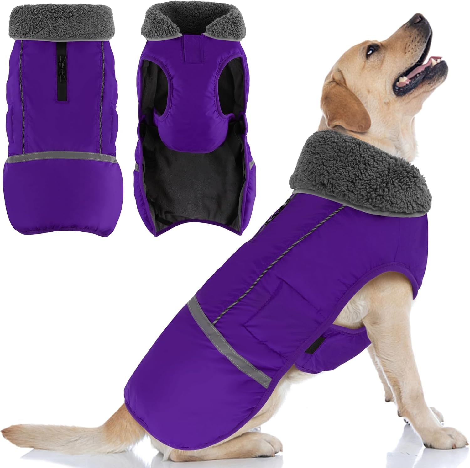 Doglay Dog Coat, Waterproof Dog Jacket Pet Winter Coat for Cold Weather with Thicken Furry Collar, Reflective Puppy Winter Jacket Warm Fleece Lining for Small Medium Large Pets L(Chest : 19.7-27.56" , Back :15.7") Purple
