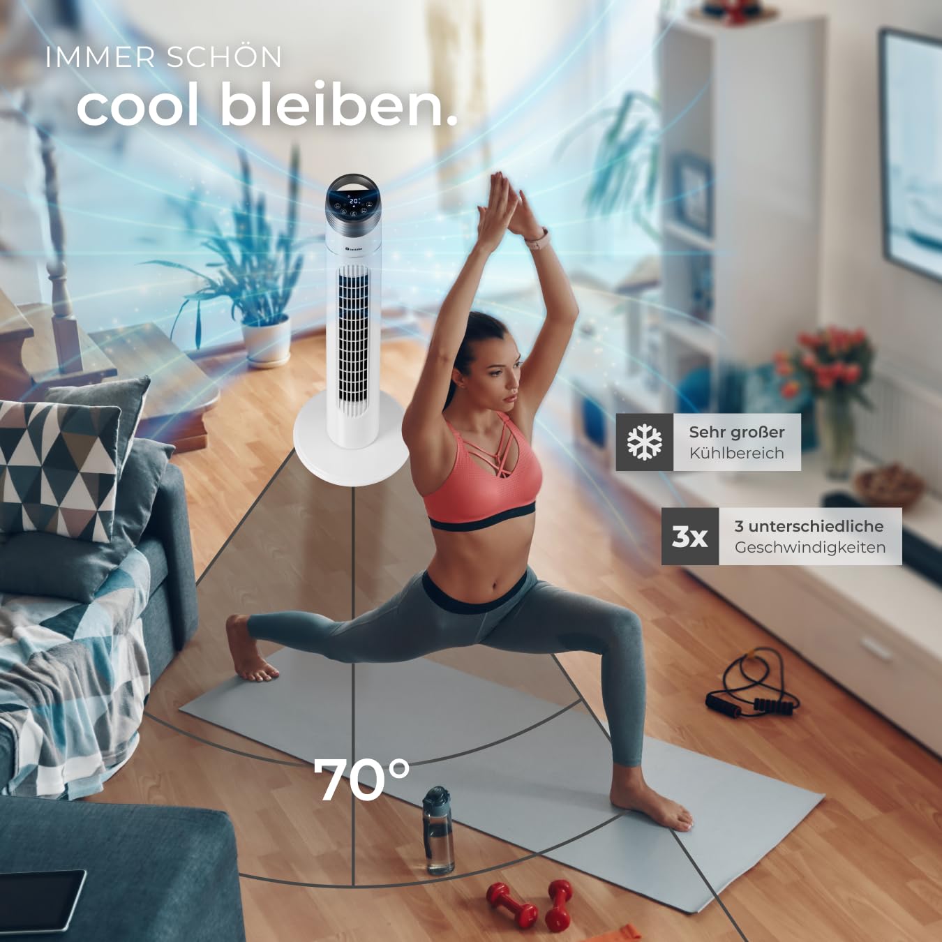 tectake® Turmventilator mit Touch-Bedienfeld mit LED-Beleuchtung & Temperaturanzeige, 3 Geschwindigkeitsstufen, 3 Windmodi, 70° Drehung, einstellbarer Timer, Fernbedienung & Transportgriff - 90cm