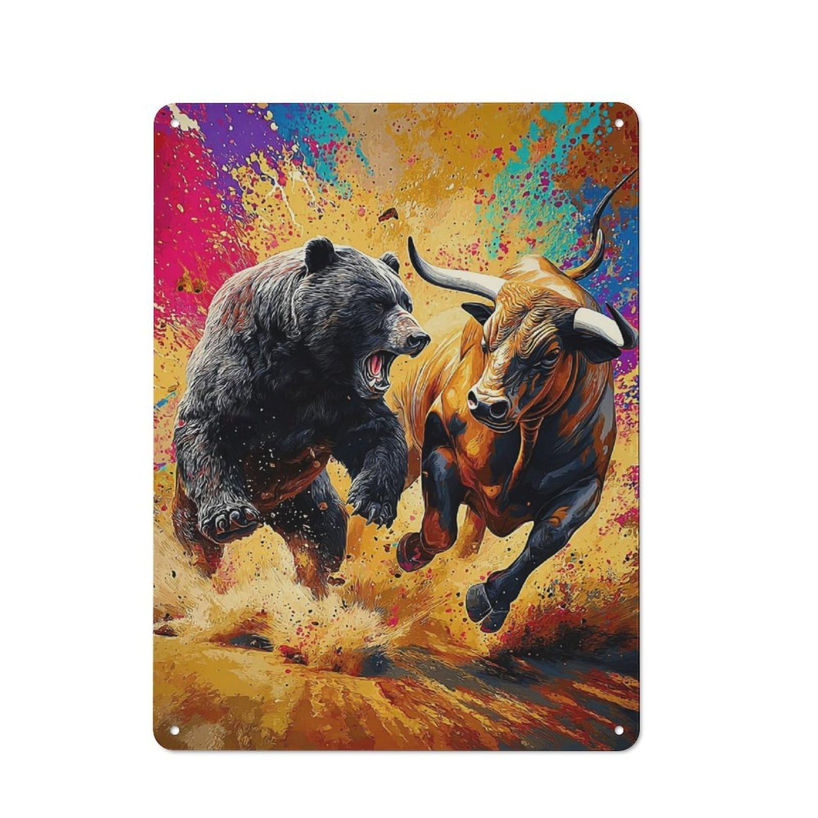 Junmoney Bear Vs. Bull Market Battle Metal Plaque With Design 40X30cm, Cosy Diner Style Decor For Coffee Bar, Kitchen, Bistro Or Tea Corner