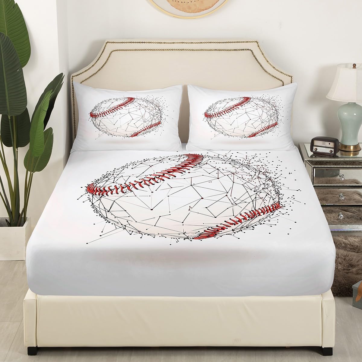 jejeloiu Baseball Bed Sheets Set Twin Size Boys Girls Sports Game Fitted Sheet for Kids Baseball Gaming White Red Bedding Set Room Decor
