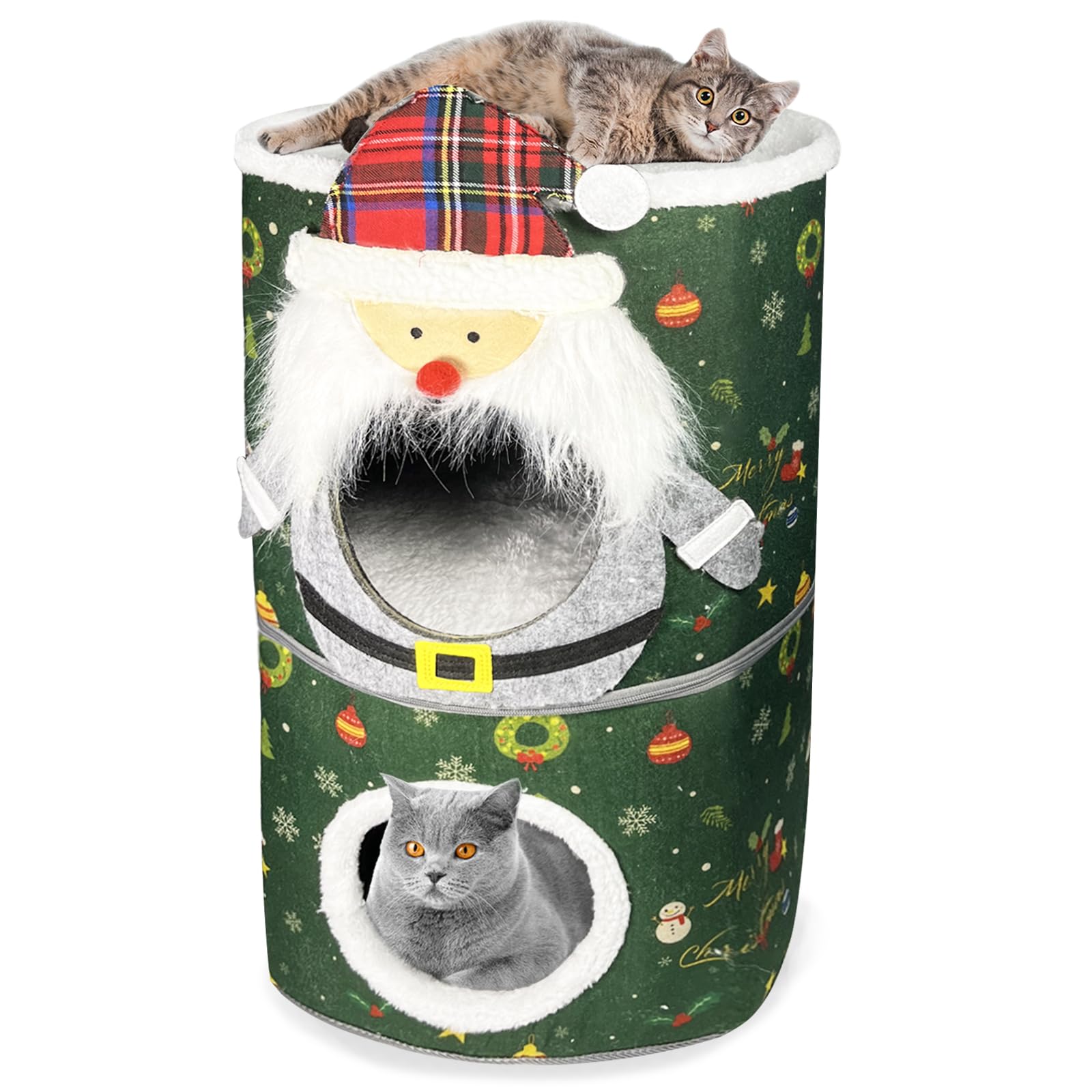 Photo 1 of 2-Storey Cat Christmas Bed - Cat Condo for Cat House, Christmas Cat House Cat Beds for Indoor Cats, Foldable Bed Furniture with Spacious Cushioned Interior Perfect for Multi Pets 16"D x 16"W x 25.5"H Santa Claus