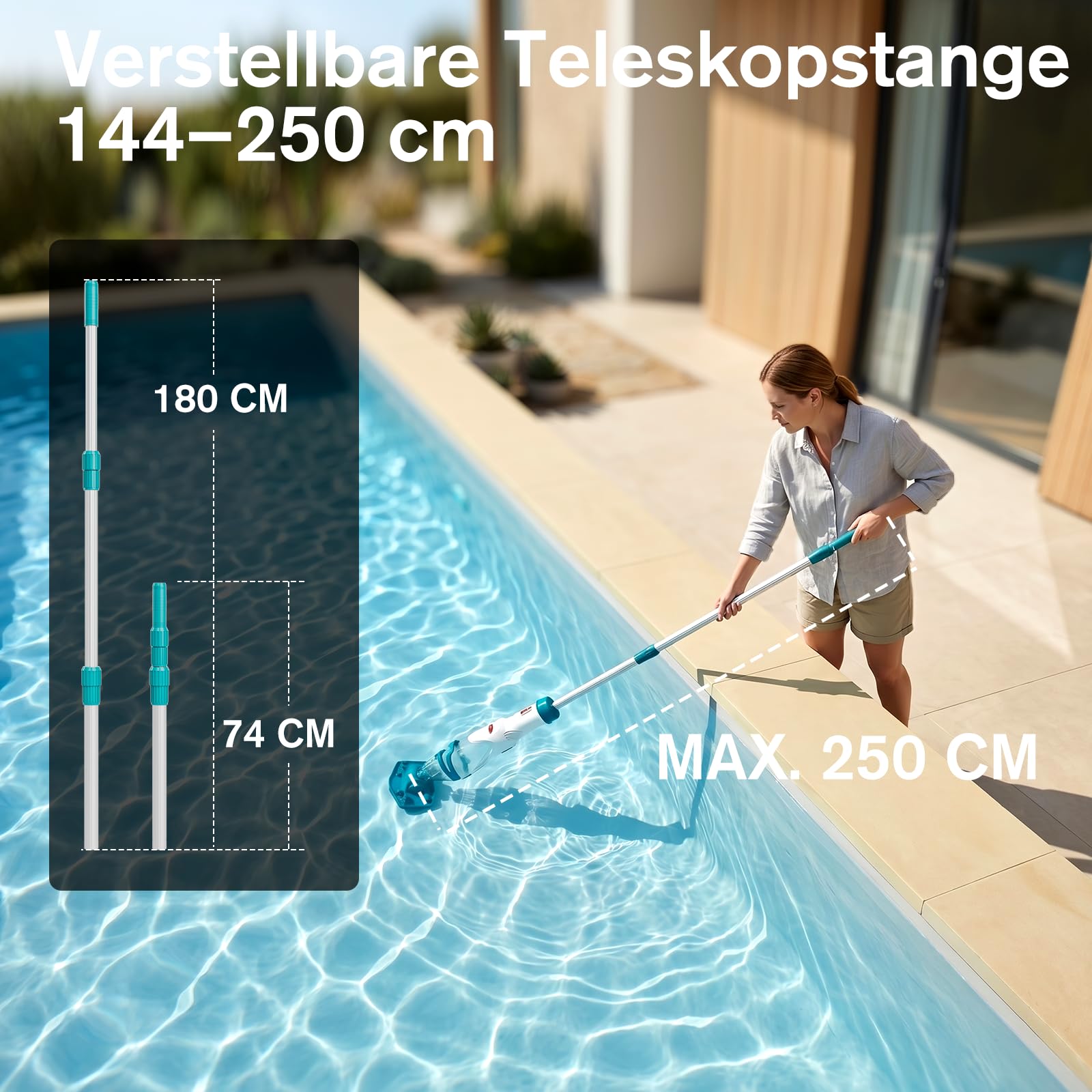 STARRYBOT Poolsauger Akku mit Teleskopstange, kabelloser Hand-Poolsauger mit 2 Reinigungsmodi, 72 l/min, 3 Filterbeutel, 60 Min Laufzeit, für Aufstellpool, Whirlpool & Spa, Blau