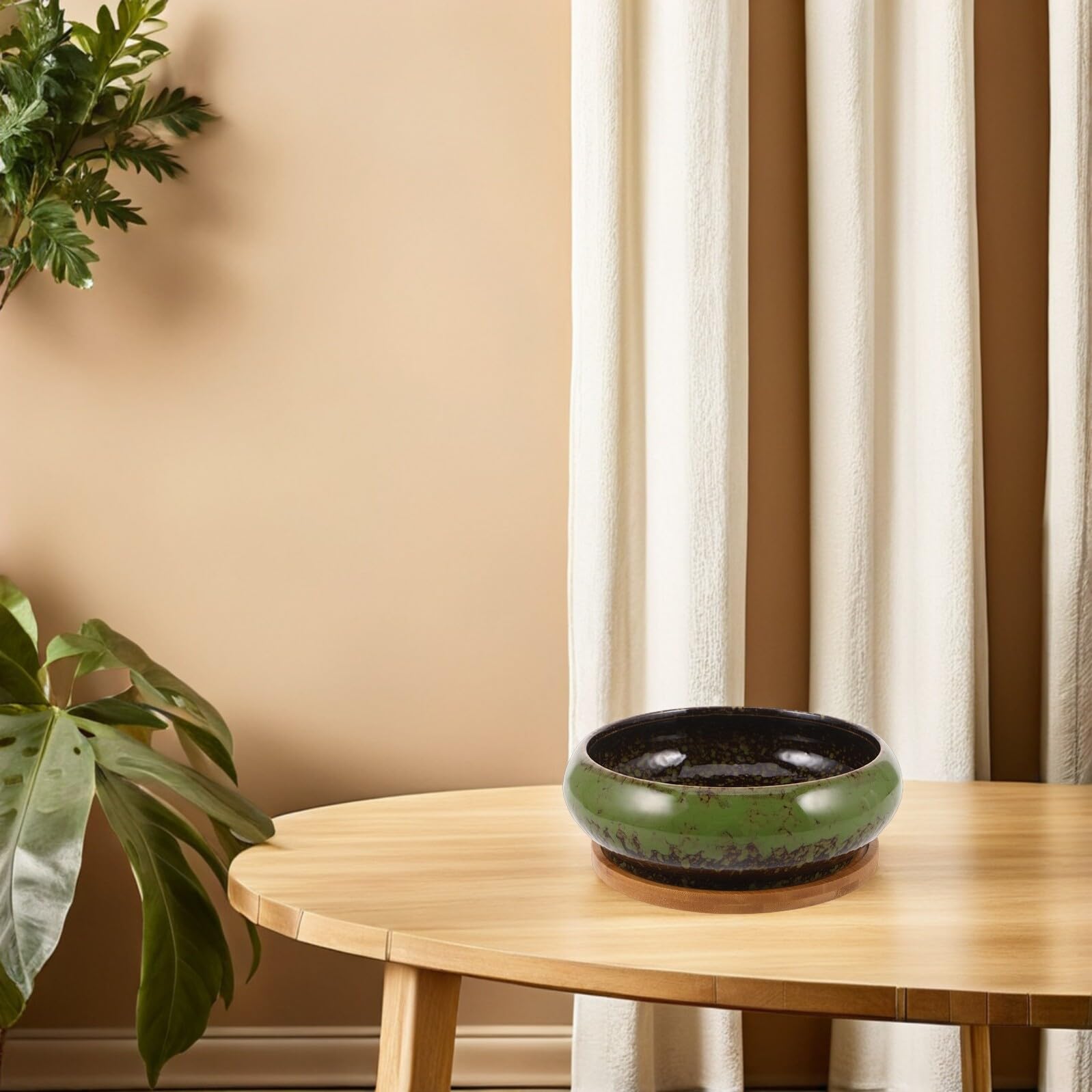 Ceramiczny Doniczka Sukulentów z Płytką Konstrukcją i Drewnianą Podstawką Idealna Donica Do Kaktusów i Kwiatów Do Użytku Wewnętrznego i Zewnętrznego Optymalna Małe Przestrzenie