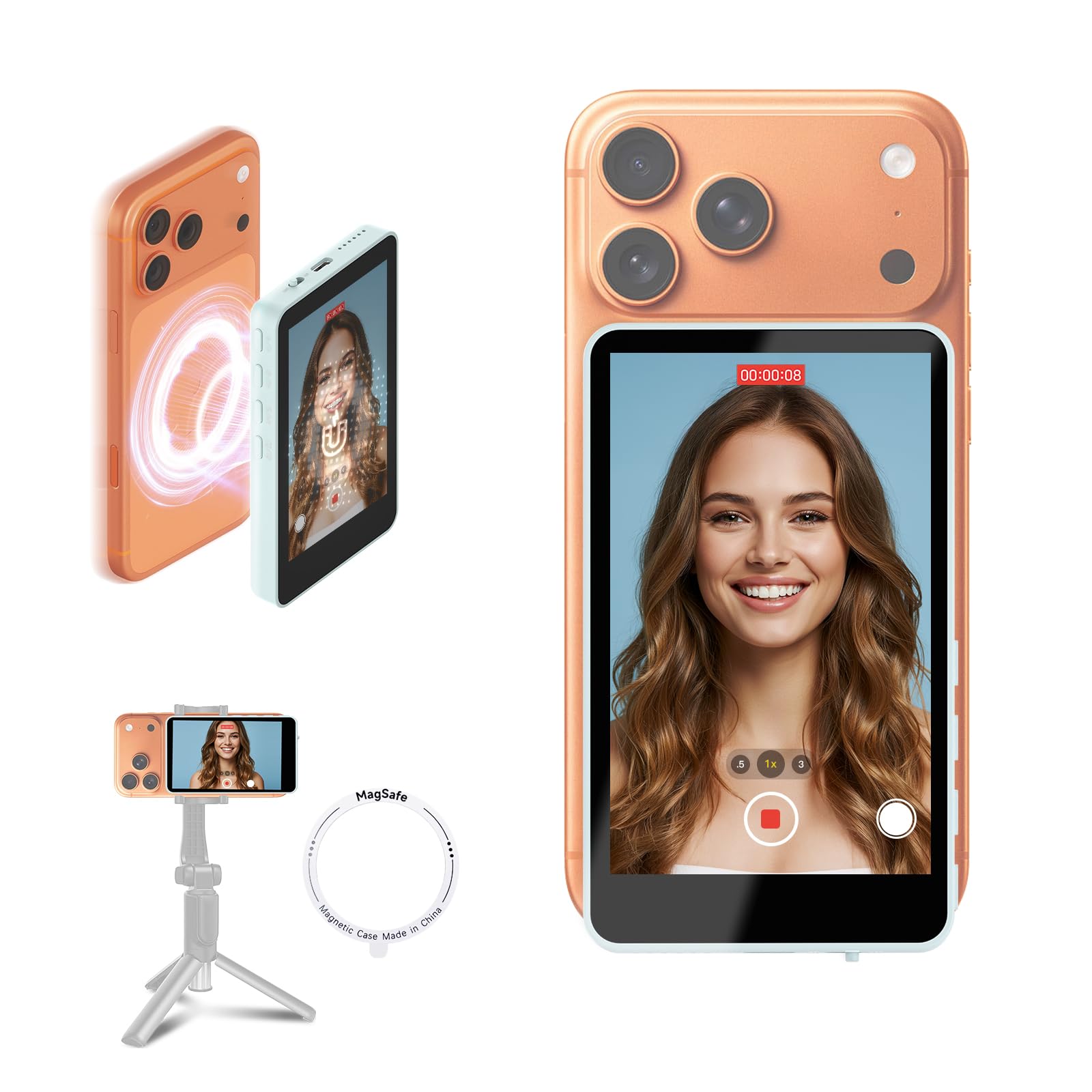 SYNCO XView Monitor para Teléfono iPhone y Android, Pantalla Magnética para Selfie Vlog Inalámbrico 50M, Altavoz Integrado para TikTok Youtube (Azul)