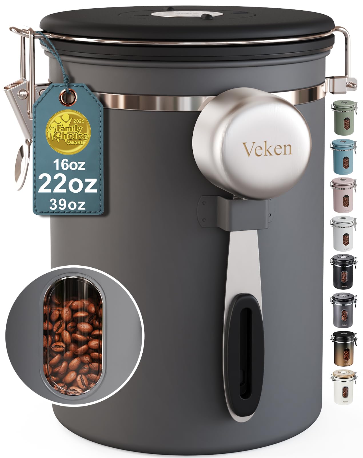 veken coffee canister with window,airtight stainless steel kitchen food storage container, date tracker & scoop for grounds coffee, beans, tea, flour, cereal,sugar,22oz,grey