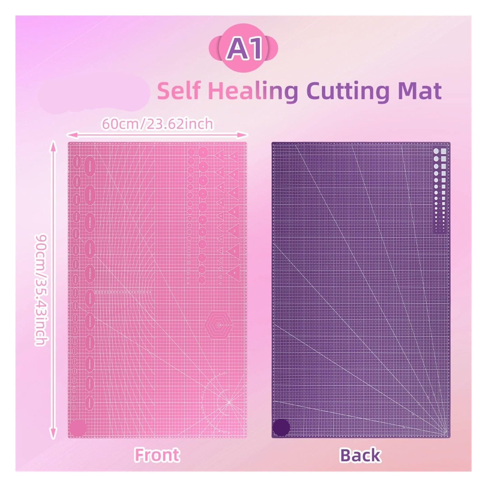 Costura Autoregenerativa Tapete de corte de PVC autocurativo de doble cara, A1 (púrpura + rosa), Ideal for corte de cuero, tallado, manualidades de papel y arcilla, 1 ud.
