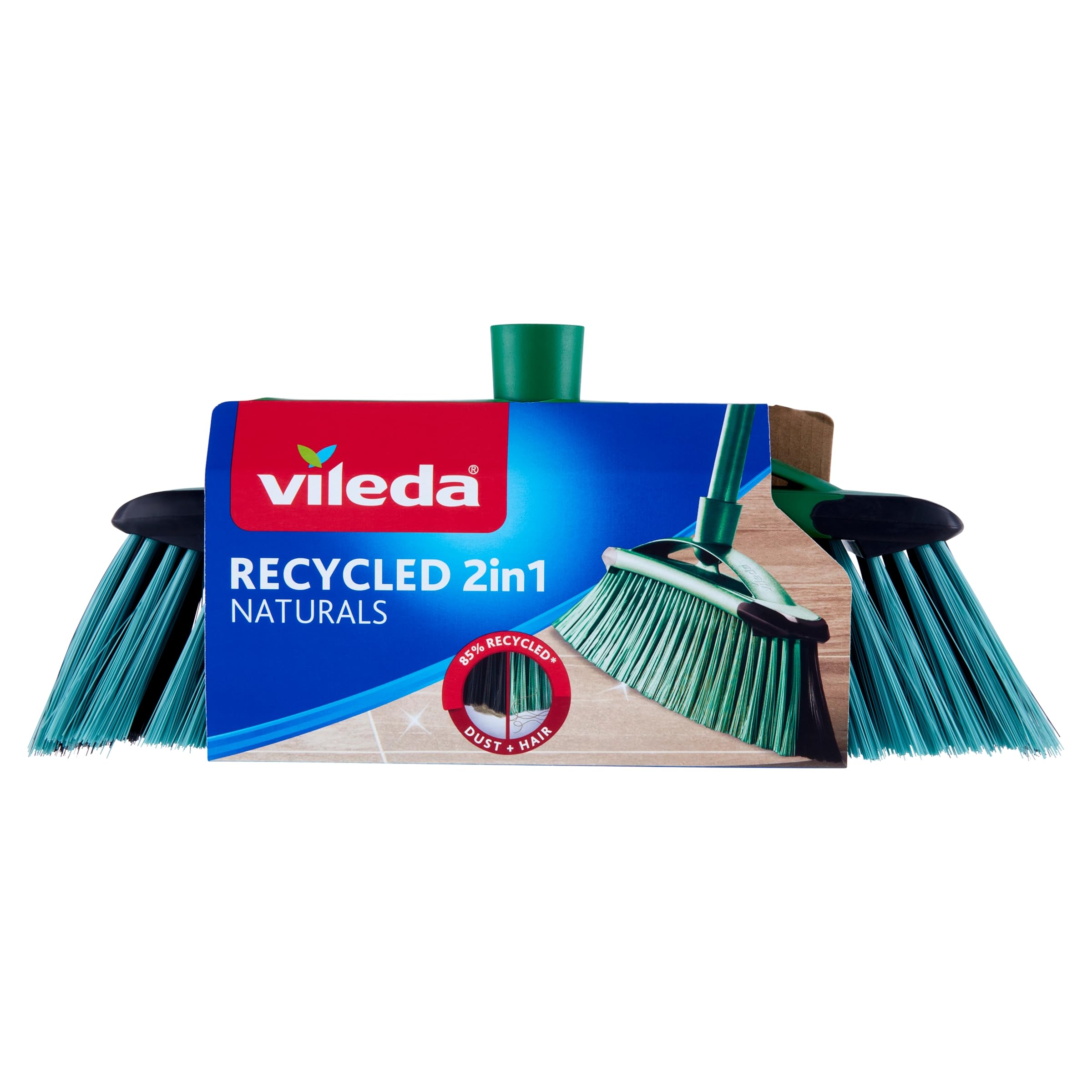 Vileda Miotła Recycled 2 w 1, miotła do wnętrz, 85% materiał z recyklingu, 100% włókna zwierząt domowych, czarne włókna do drobnego proszku, zielone włókna do włosów i włosów, wyprodukowane we