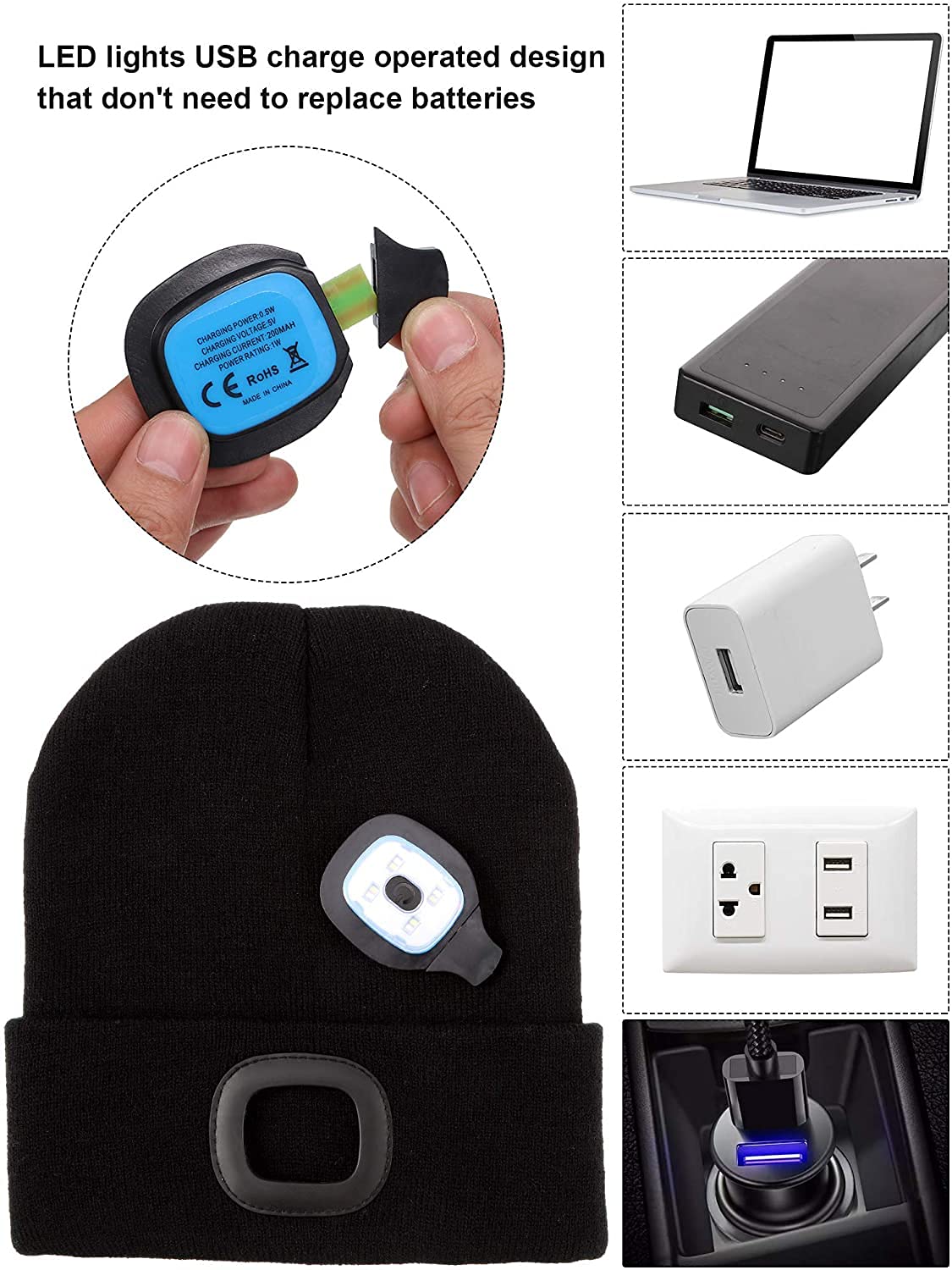 JFAN Cappello Lavorato A Maglia da Uomo Unisex LED con Torcia Inverno Tinta Unita Illuminato Sci Caldo Cappello in Pelle di Melone Beanie cap