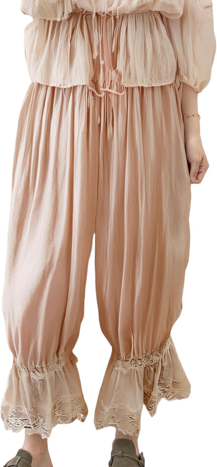 UAURORAO Women Lace Trim Long Bloomers Elastic Mid Rise Ruffle Pantaloons Cropped Flared Slips Pants Pajama Bottoms