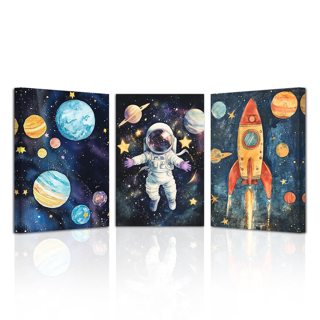LZIMU 3Pcs Nursery Astronaut Canvas Wall Art Kids Space Planets Theme Painting Outer Space Astronaut Planets Picture Prints for Boys Child Bedroom Framed (Black, 24x36inchx3 Pieces)