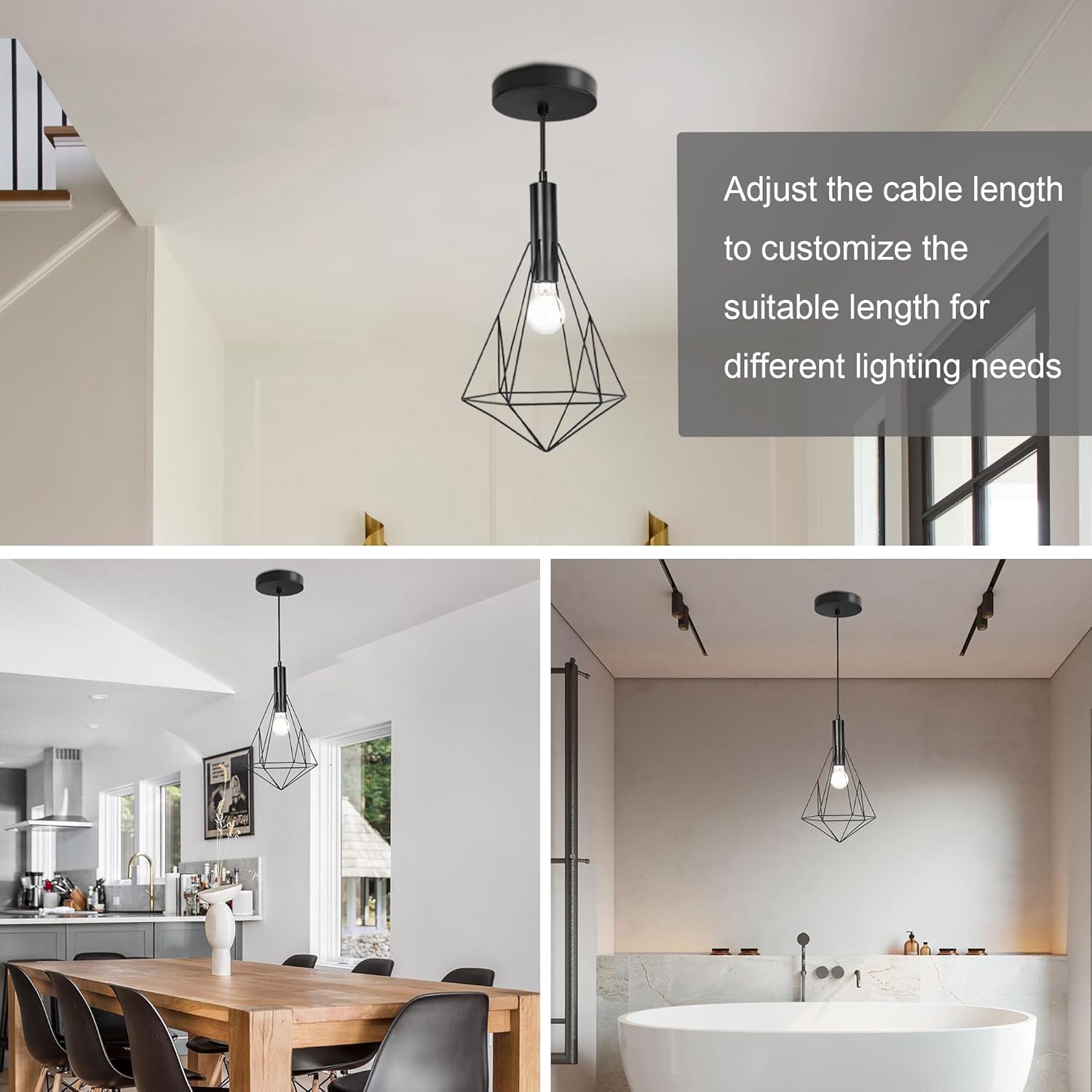 Flush Mount Ceiling Light Fixture, Farmhouse Pendant Lighting, Modern Black Hanging Light Fixture with LED Bulb for Kitchen Island, E26 Base, 47'' Length Cable, Adjustable Design