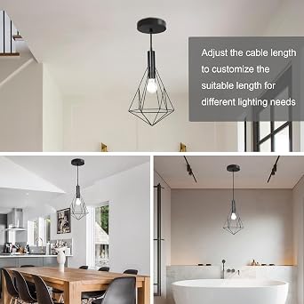 Flush Mount Ceiling Light Fixture, Farmhouse Pendant Lighting, Modern Black Hanging Light Fixture with LED Bulb for Kitchen Island, E26 Base, 47'' Length Cable, Adjustable Design