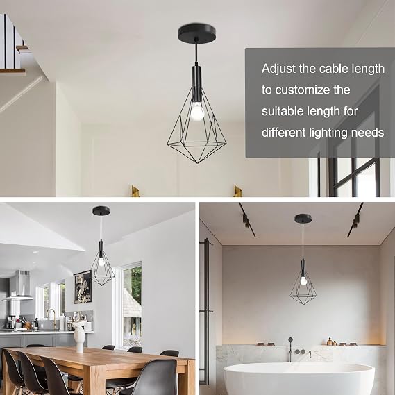 Flush Mount Ceiling Light Fixture, Farmhouse Pendant Lighting, Modern Black Hanging Light Fixture with LED Bulb for Kitchen Island, E26 Base, 47'' Length Cable, Adjustable Design