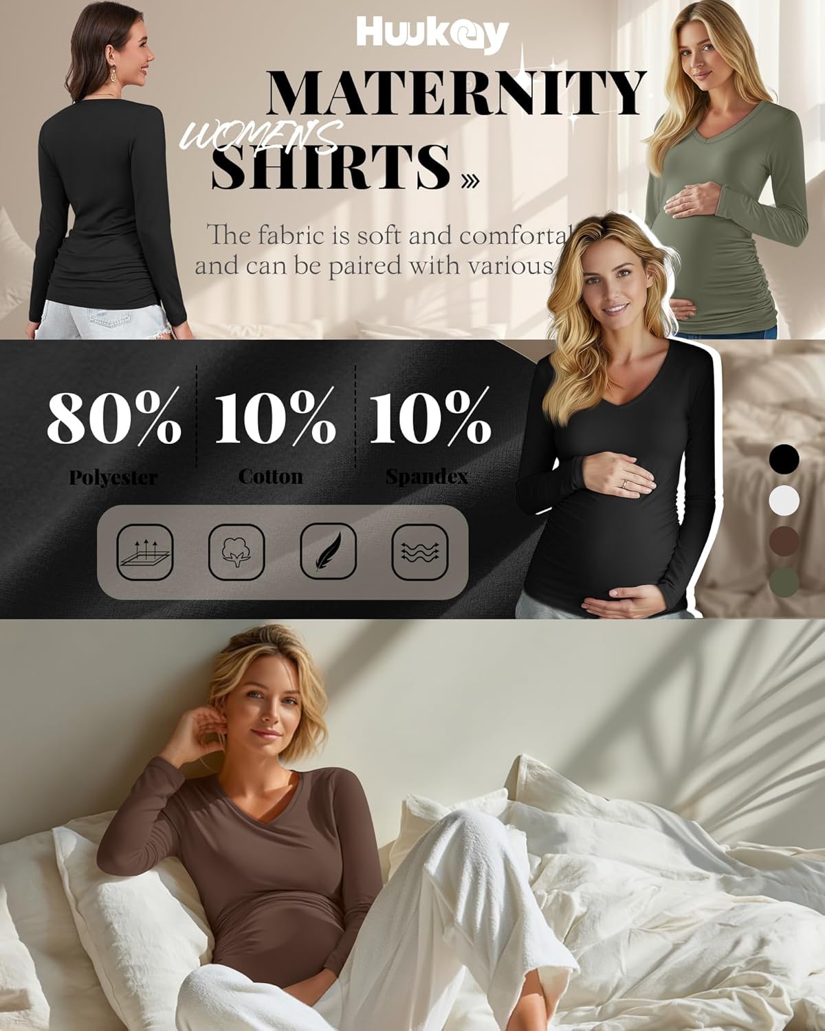 Huukeay 4 Pack Women's Maternity Shirts Long Sleeve V Neck Pregnancy Tops Side Ruched Casual Mama Clothes Basic Tunic T-Shirt - Image 4