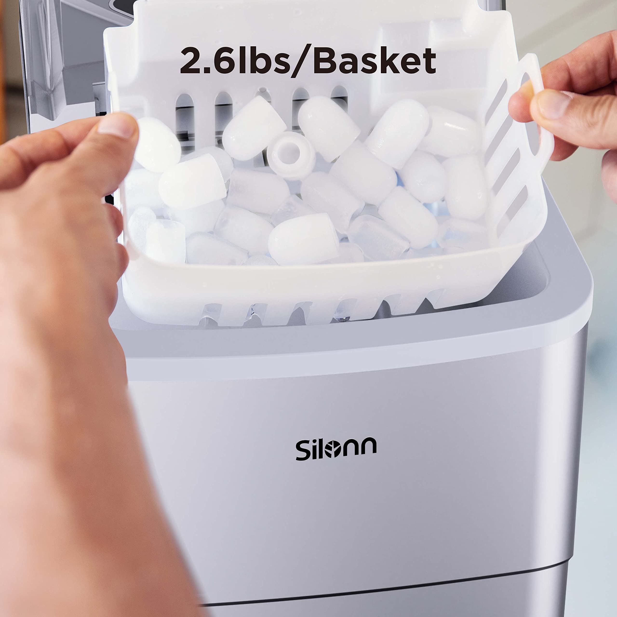 Silonn Ice Makers Countertop, 9 Cubes Ready In 6 Mins, Self-Cleaning Ice Machine With Ice Scoop And Basket, 26lbs In 24hrs, 2 Sizes Of Bullet Ice For Home Kitchen Office Bar Party, Sliver on Fridge.com - View 5