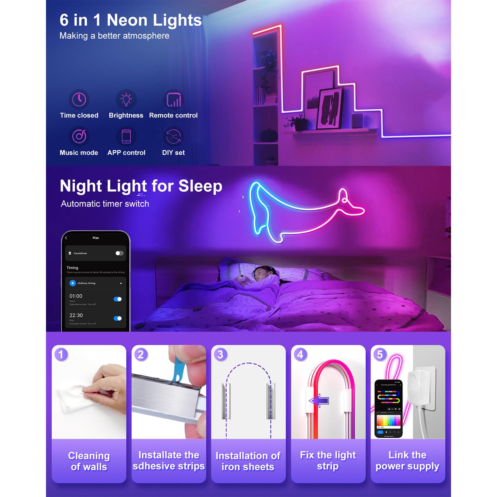 Tira de luz LED de grafiti con Bluetooth, tira de luz LED de neón de silicona inteligente, 24 teclas, cortable, resistente al agua, adecuada para habitaciones, bares y fiestas,10M
