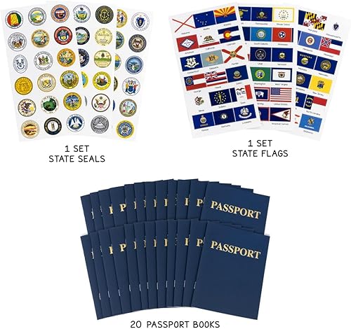 Miniatura 3 de Hygloss 20 libros y calcomanías para pasaporte en blanco, 4.25 x 5.5 pulgadas, pasaportes azules falsos, diario de viaje, actividad divertida para