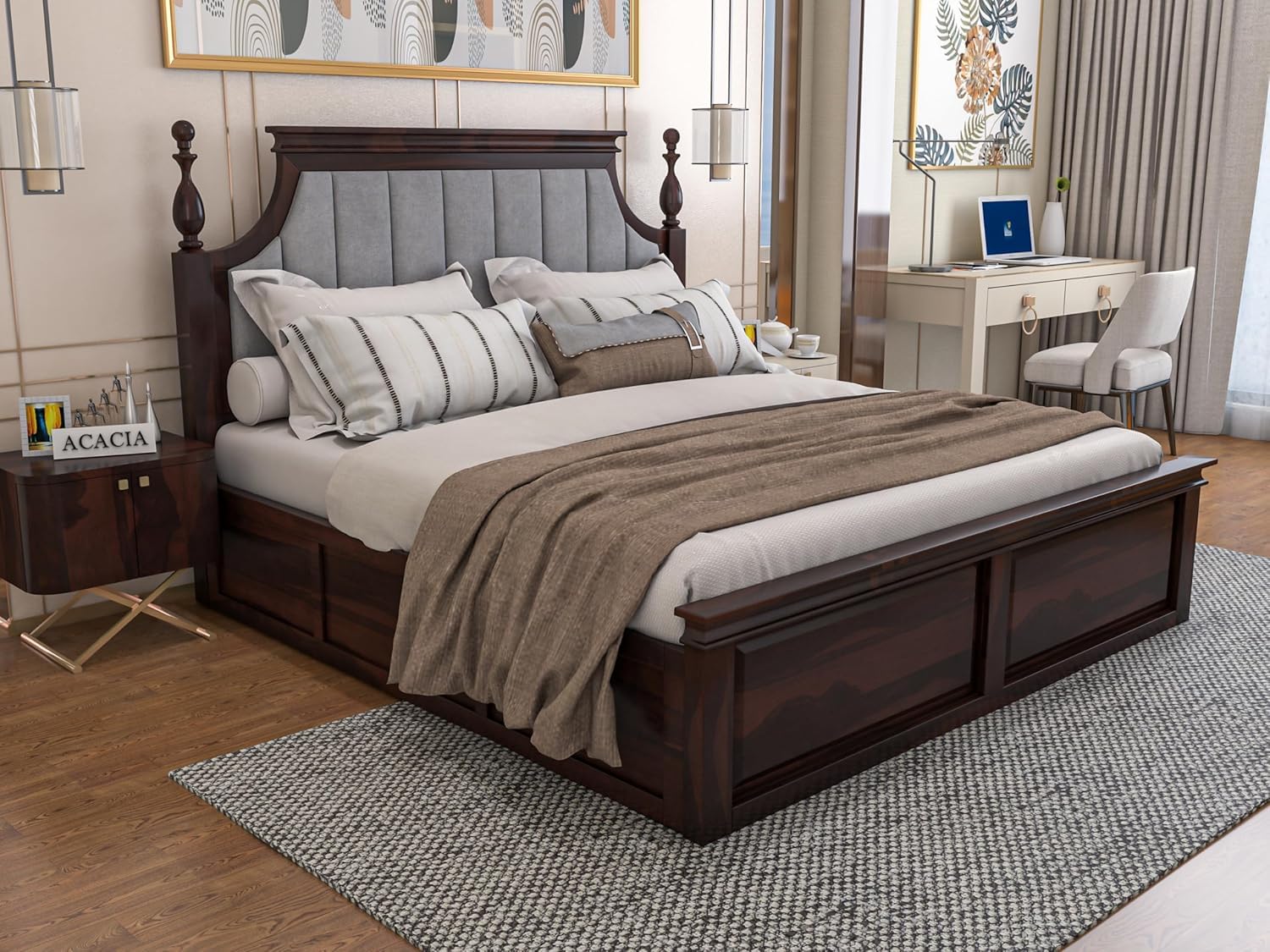 Craft Solid Wooden Queen Size Bed with Storage | Double Bed Cot Bed with Box Storage & Grey Colour Upholstered Cushioned Headboard for Bedroom | Sheesham Wood, Walnut Finish-image-19
