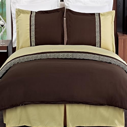 Juego de edredón bordado de 8 piezas de tamaño matrimonial Astrid Gold con cama de chocolate en una bolsa, incluye juego de funda de edredón de