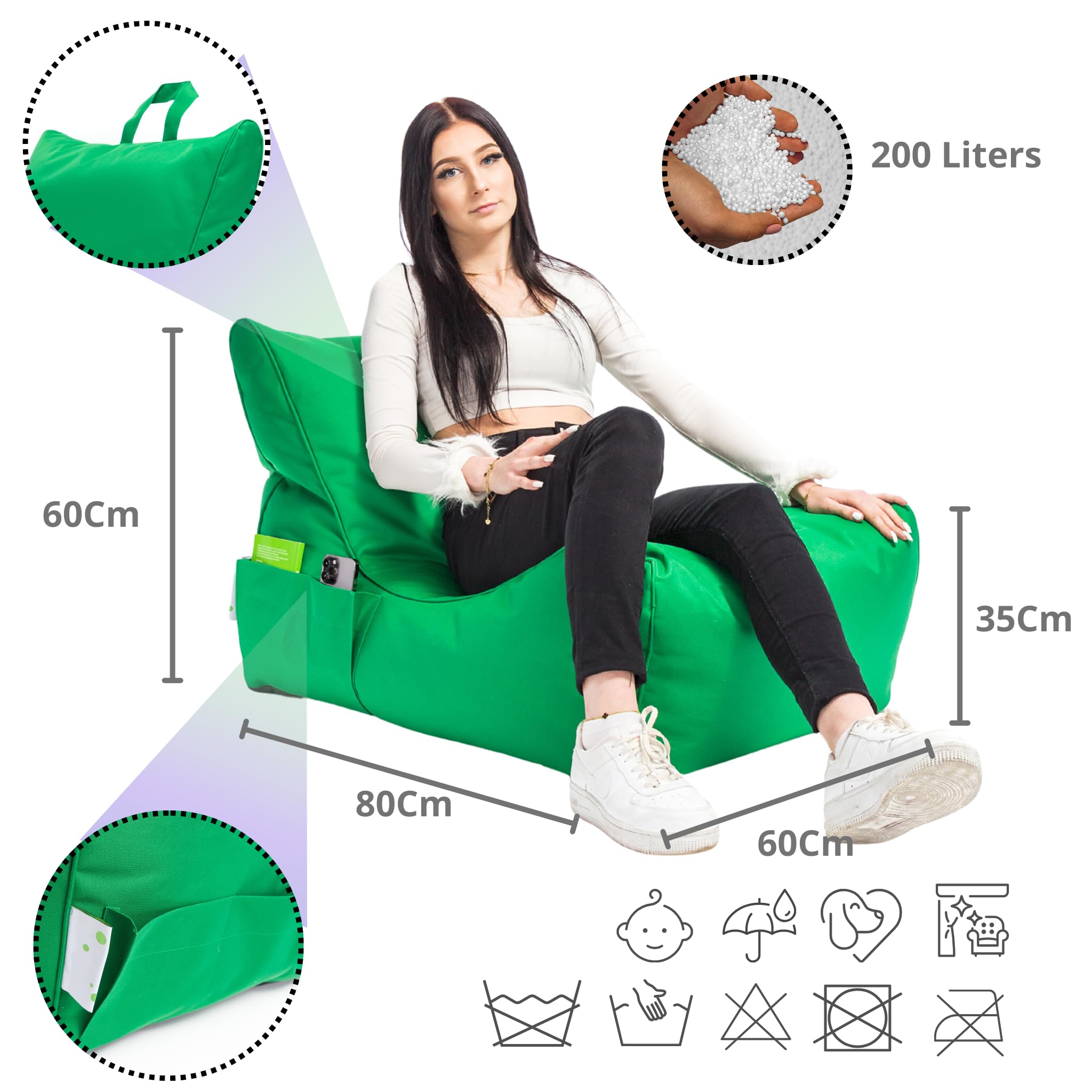 Ecopuf - Pufa Flavio Poliester - Worek do siedzenia z kieszenią do przechowywania i uchwytem - Fotel Beanbag z uchwytem - Wypełnienie styropianowe - 80x60x60cm - XL - Zielony Nc20