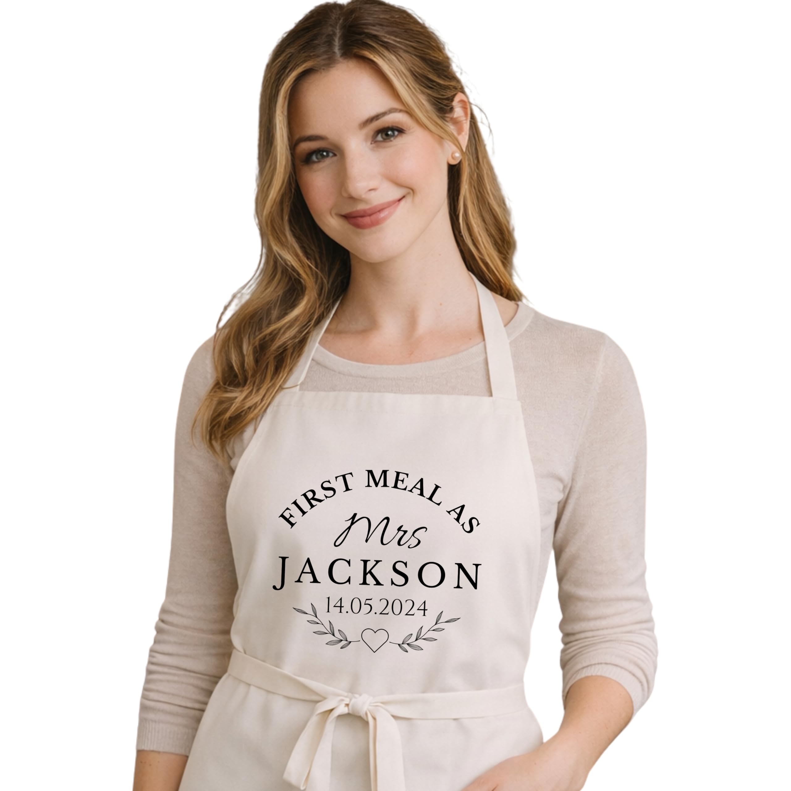 Be Buz Personalized Wedding Apron, 'First Meal as Mrs', Custom Name and Date, Natural Bride Apron, Newlywed Cooking Gift, Wedding Keepsake