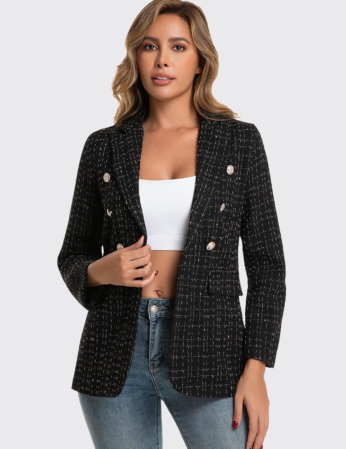 Blazers for Women Business Casual Tweed Plaid Linen Blazer Jacket - Image 3