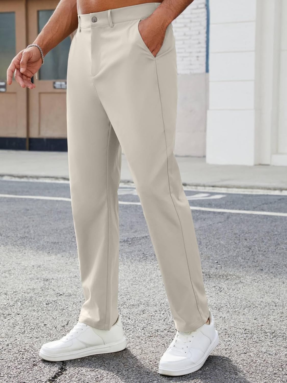 Mens Casual Pants Elastic Waist Drawstring Chinos Pants Tapered Twill Trousers with Pockets Zipper XX-Large Beige image 3 of 7 B0DPMKWF39