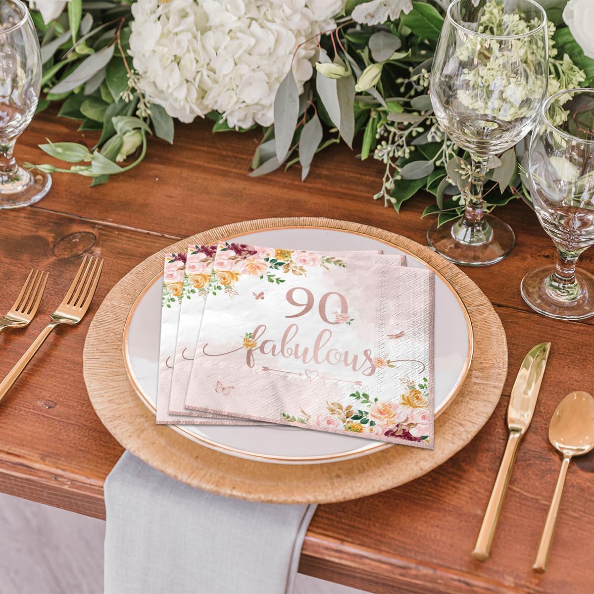 40Pieces 90th Falulous Paper Napkin - Rose Gold Party Supplies Rose Gold Floral Theme Napkins for Women 90th Birthday,Anniversary Wedding Party Favors - Image 6