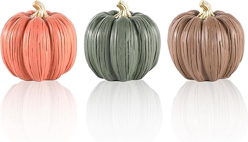 Juego de 3 mini calabazas de resina Decoración de mesa de cosecha de otoño pintadas a mano en marrón, naranja y verde, decoración de otoño de 3.5