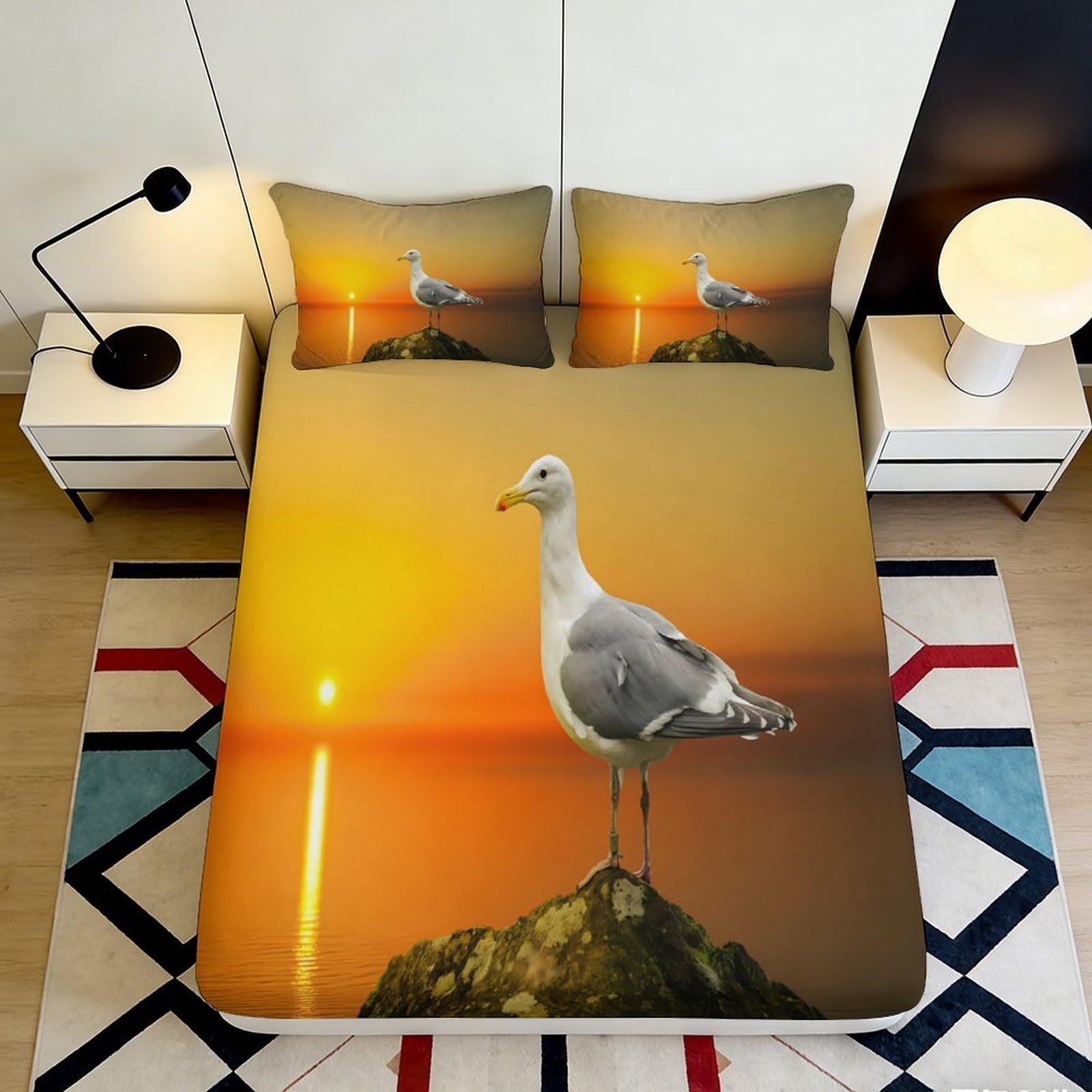 Pnayamiorkfel Style-8 3D Printed Sunset Seagull Fitted Sheet Microfiber Soft Anti-Slip Ocean Sunrise Mattress Cover For Bedroom Decor 90X200x25cm