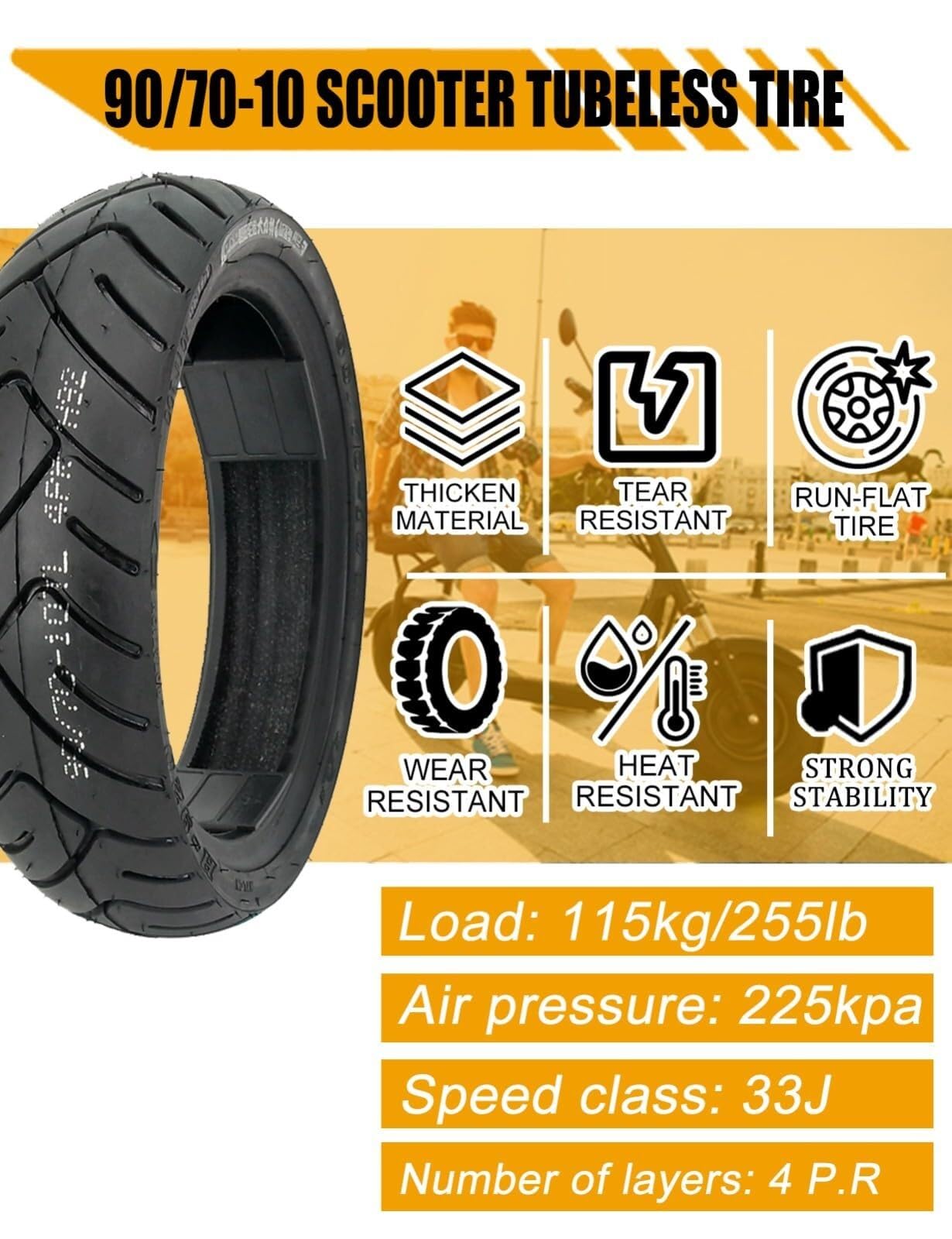 90/70-10 Bezkamerowy Opona do Skutera z 90/70/10 4PR 225 kPa 33J Odporna na Zużycie 90 70 10 Motorower