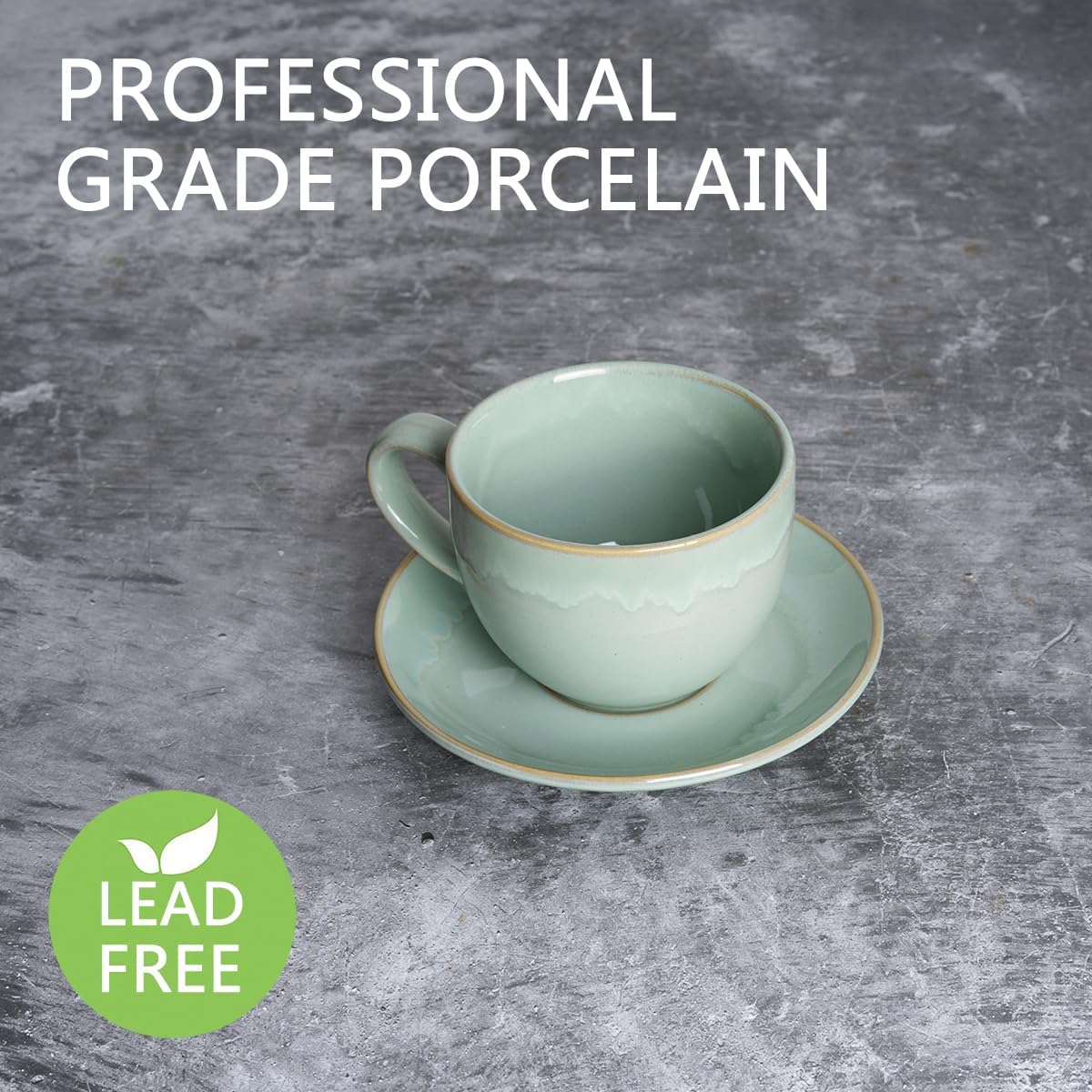 Bosmarlin Ceramic Cappuccino Cup and Saucer Set of 2, 10 Oz, Coffee Cups for Latte, Espresso, Tea, Dishwasher and Microwave Safe, Reavtive Glaze (Green) - Image 3