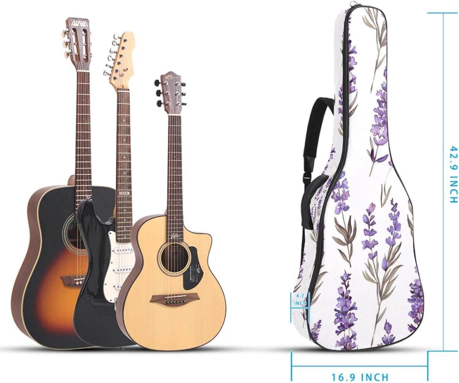 Acoustic Guitar Bag 0.4 Inch Thick Padding Waterproof Guitar Case Gig Bag for 40 41 42 Inch Electric Bass Classical Guitar, Cute Lavender Purple Pattern