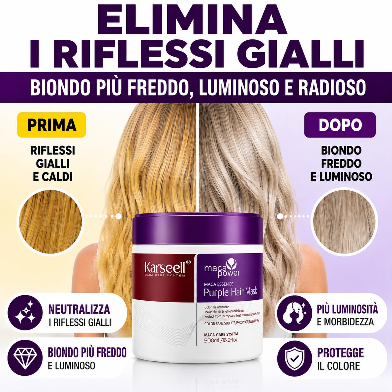 Karseell MACA CARE SYSTEM Set Professionale Antigiallo Maschera Viola 500ml Shampoo Viola 500ml Siero Olio di Argan 50ml per Capelli Biondi Platino e Grigi Idratante Riparatore Antifrizz