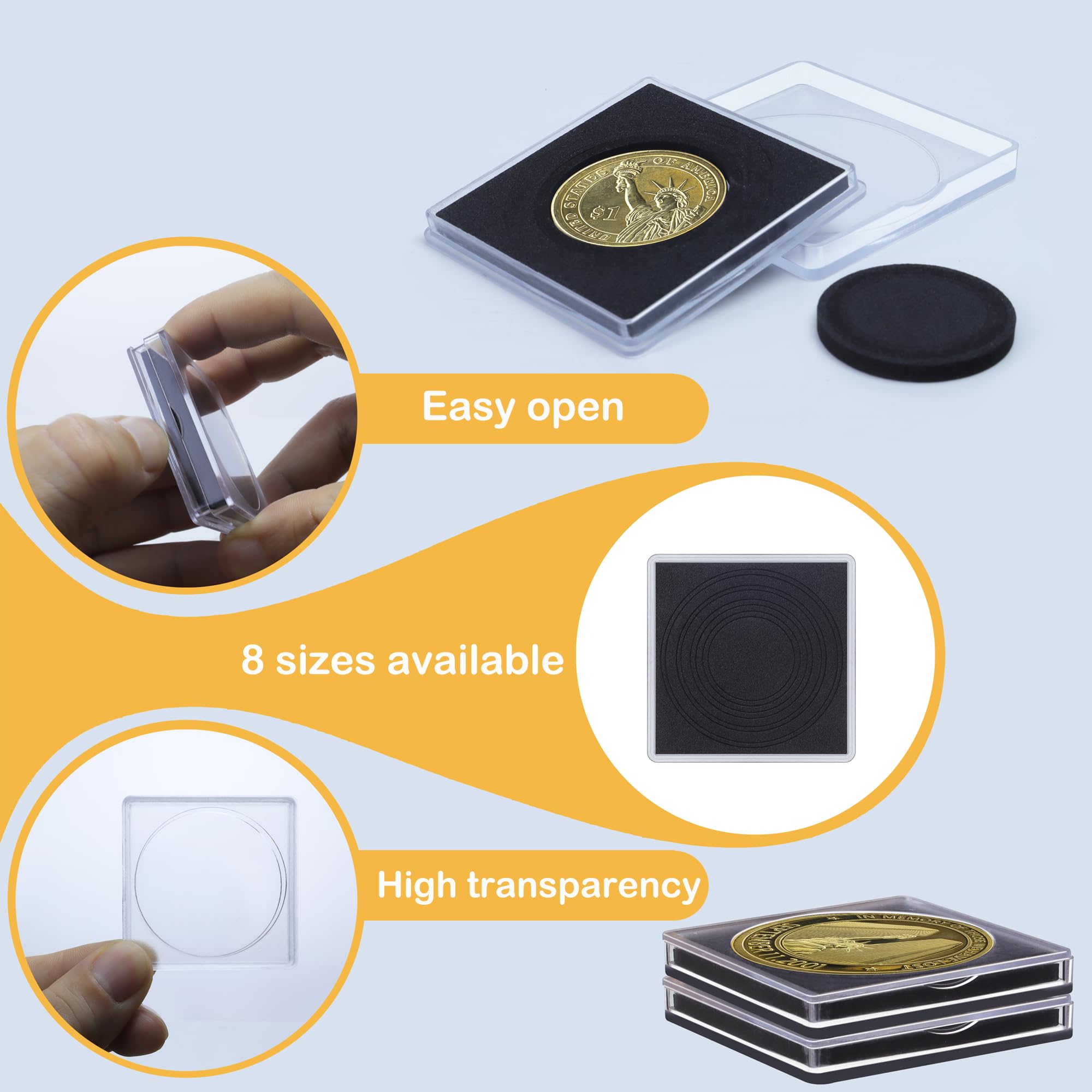 20 soportes de colección de monedas transparentes con esponjas de 43 mm, cápsulas de monedas Morgan Silver Dollar Moneda Snap Holder Protectores para coleccionistas (8 diámetros ajustables: 19/21.5