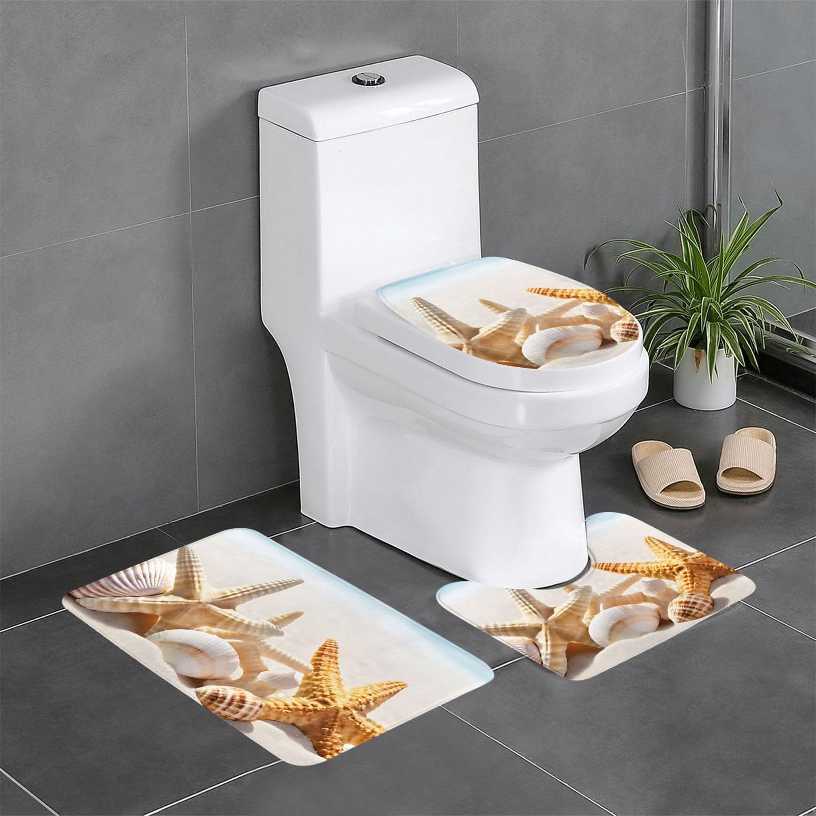 Tapis de salle de bain antidérapants lot de 3 avec contour WC thème plage