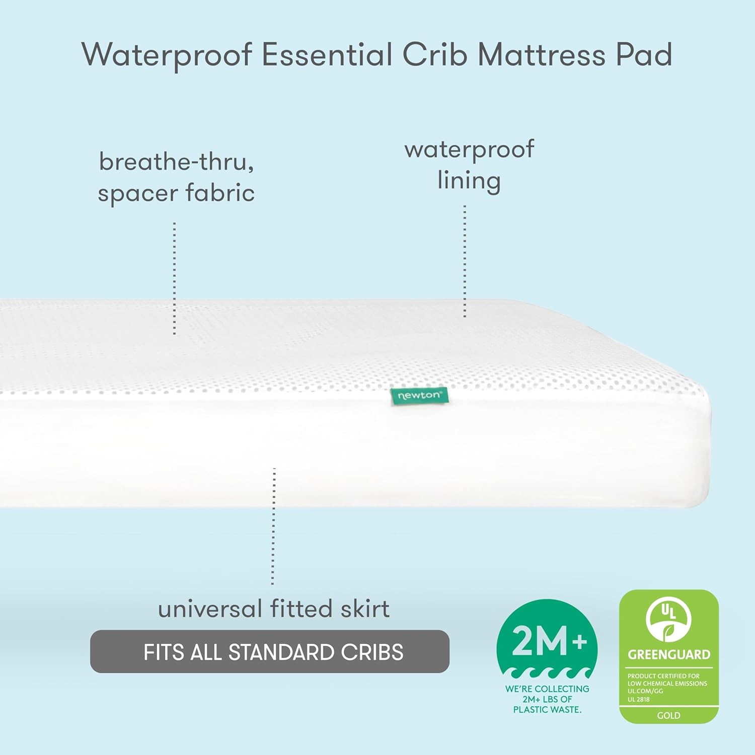 Newton Baby Essential Waterproof Crib Mattress Pad | Ultra-Breathable Layer for Comfort & Universal Fitted Skirt for Secure Fit | Machine Washable | Crib Mattress Protector Pad Waterproof, 1 Pack