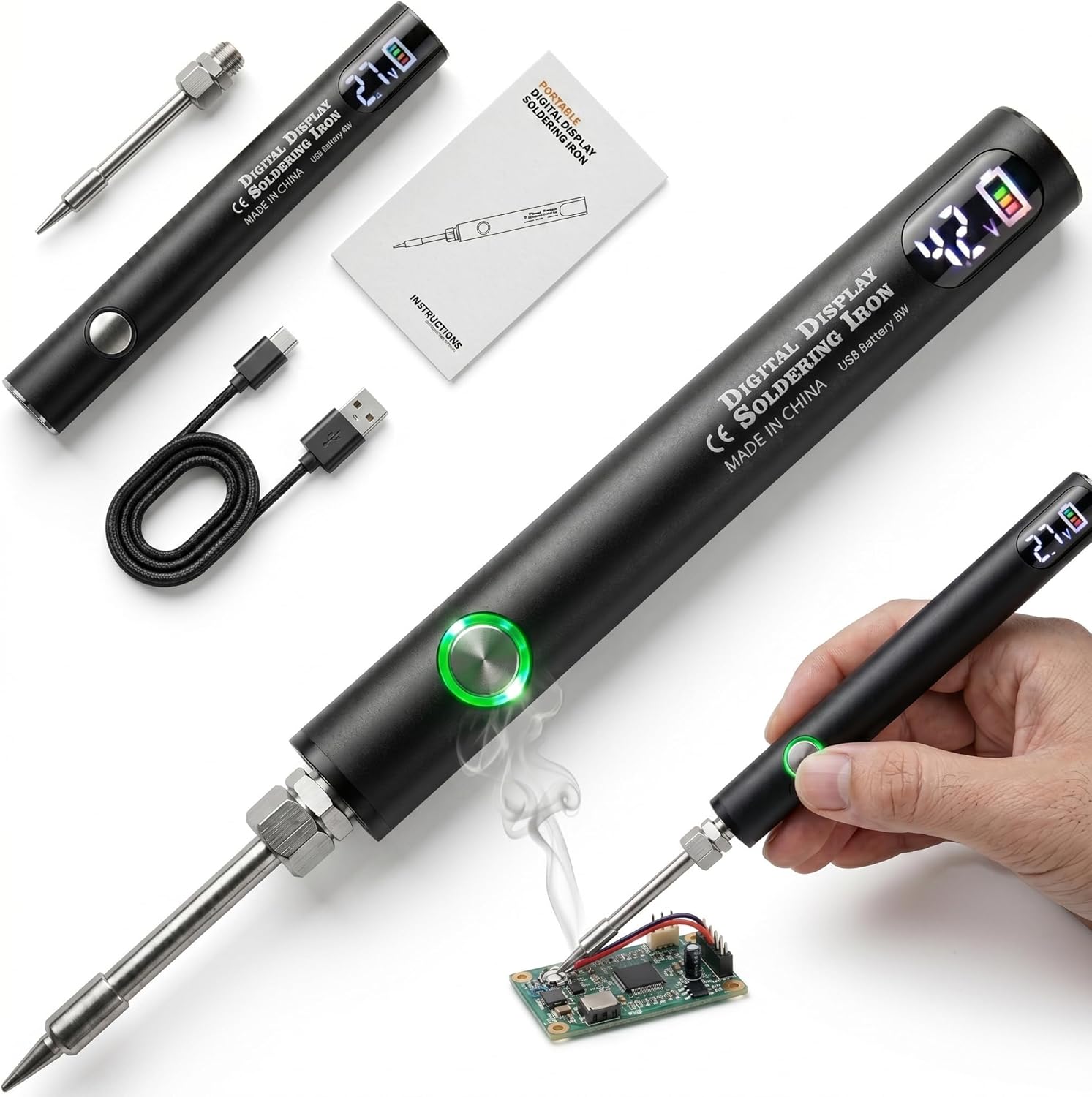 USB Rechargeable 650mAh Cordless Soldering Pen, Universal Threaded Soldering Iron with Adjustable Voltage & LED Display, Portable Soldering Kit for Home Appliance Repair (Black)