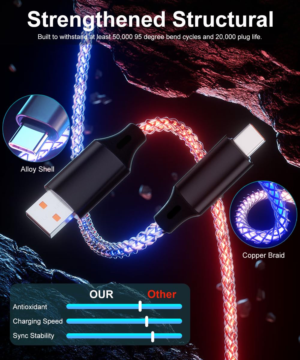 Car Carplay Cable for iPhone 17 16 15 Pro Max Plus, 3.3ft RGB Light Up USB A to Type C Carplay Charger Cable, LED Colorful Gradual USB C Fast Charging Cord for iPhone, iPad Pro/Air/Mini, Samsung More