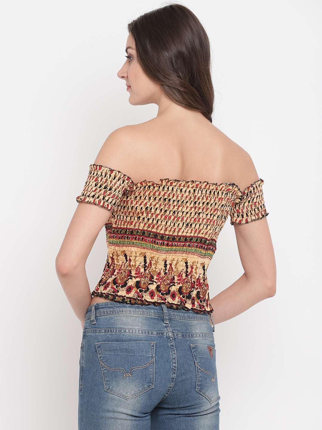 Myethnikart Women's Rayon Printed Off-Shoulder Smocked Crop Top Short Sleeve Casual Styles Tank Top (Free Size) Multi4