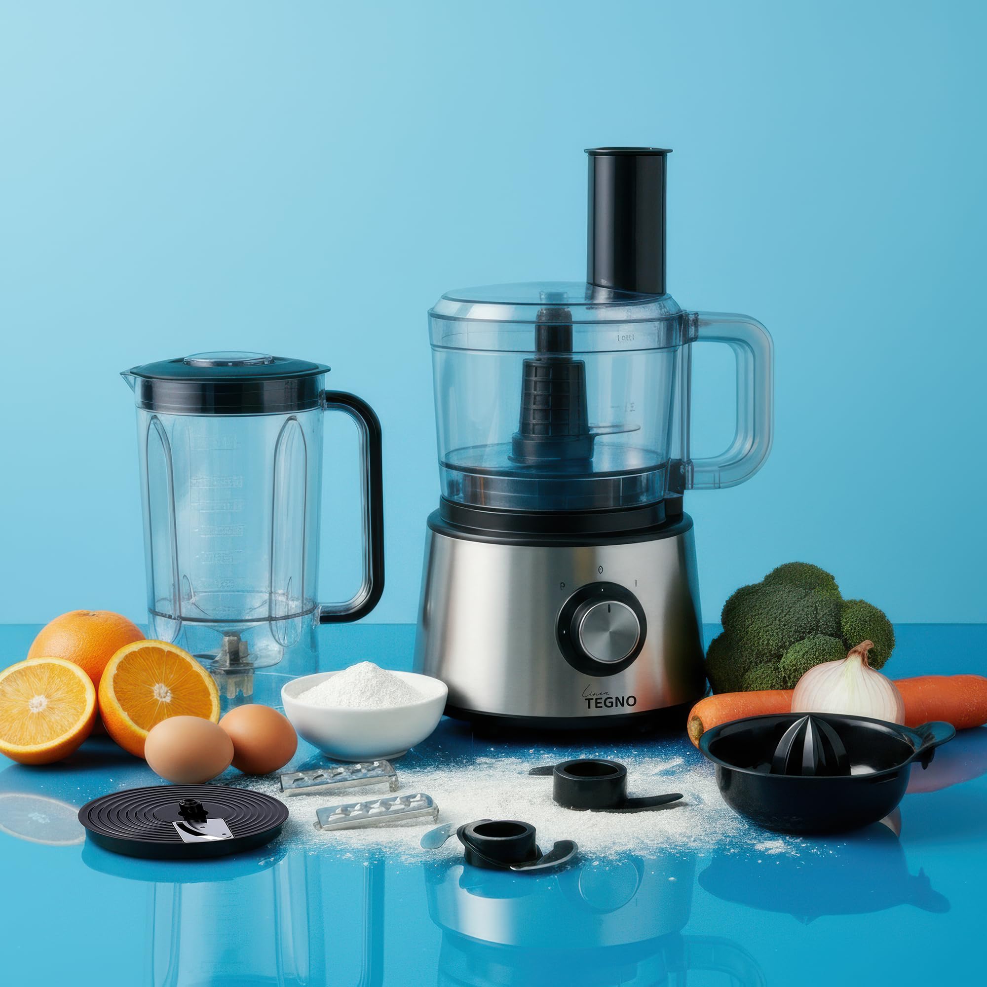 Food Processor - Linea Tegno – Multifunktionale 5-in-1 Küchenmaschine aus Edelstahl – Zum Hacken, Raspeln, Schneiden & Mixen – 2,3L Schüssel & 2,7L Standmixer, Zitruspresse – BPA-frei