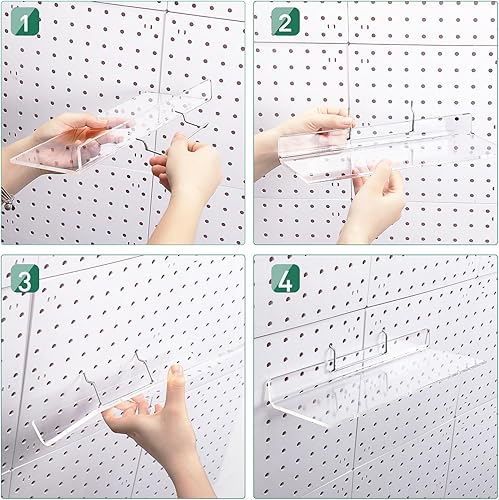 Miniatura 5 de Lounsweer Juego de 4 estantes de acrílico transparente con ganchos de metal, organizador de accesorios para exhibición de tableros de clavijas,